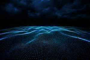 Digitally generated binary code landscape on black background